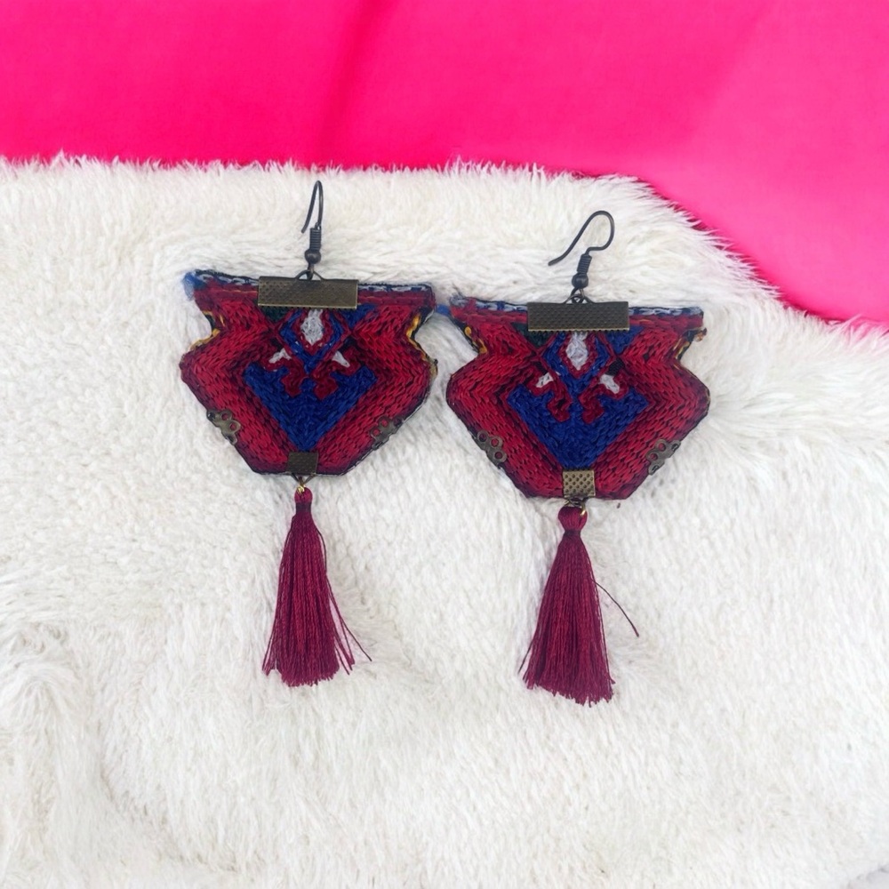 Embroidered bohemian-style handmade fabric Persian dangling Balochi earrings
